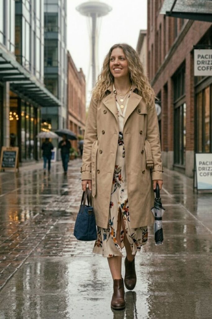 2. Trench Coat with Midi Dress