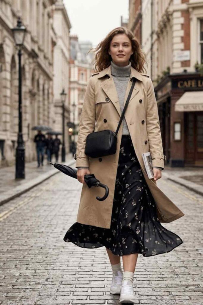 2. Trench Coat with Midi Dress