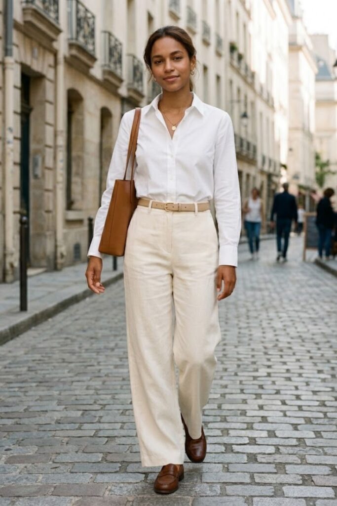 2. White Button-Down with Wide-Leg Trousers