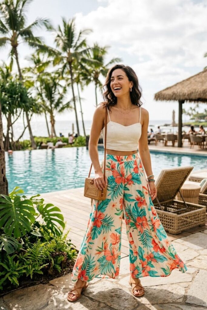 2. Wide-Leg Palazzo Pants With Crop Top