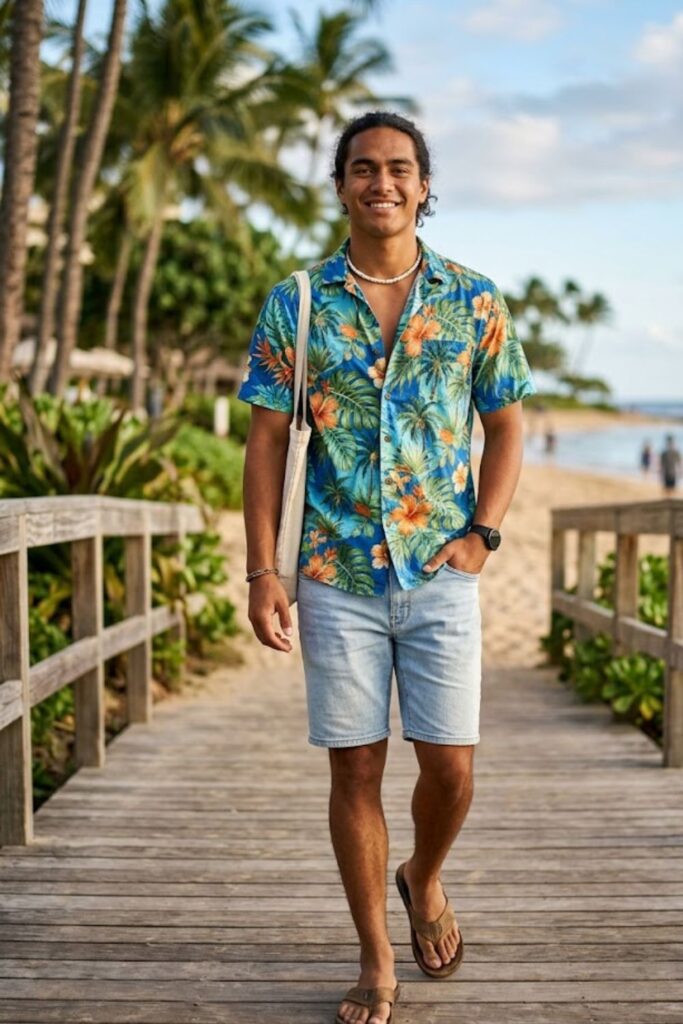 3. Aloha Shirt with Denim Shorts