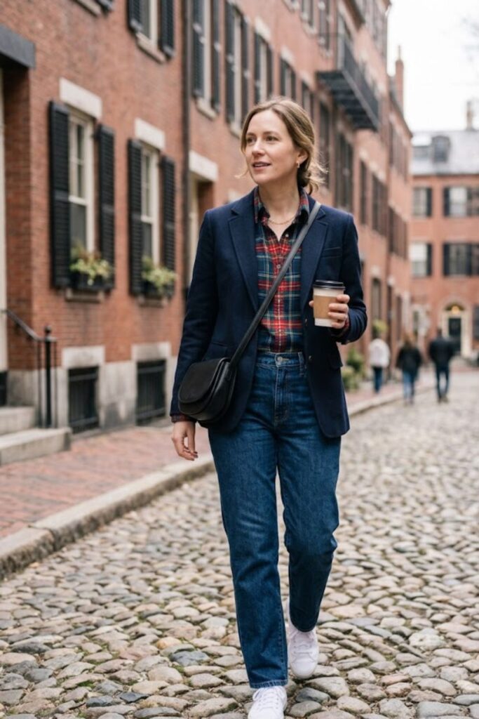 3. Blazer With Plaid Shirt and Jeans