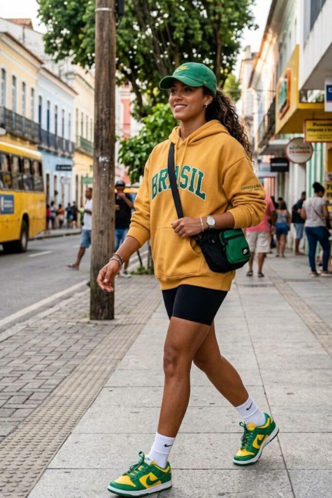 3. Brazil Dunks With Hoodie and Bike Shorts
