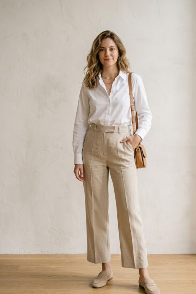 3. Button-Up Shirt with High-Waisted Trousers