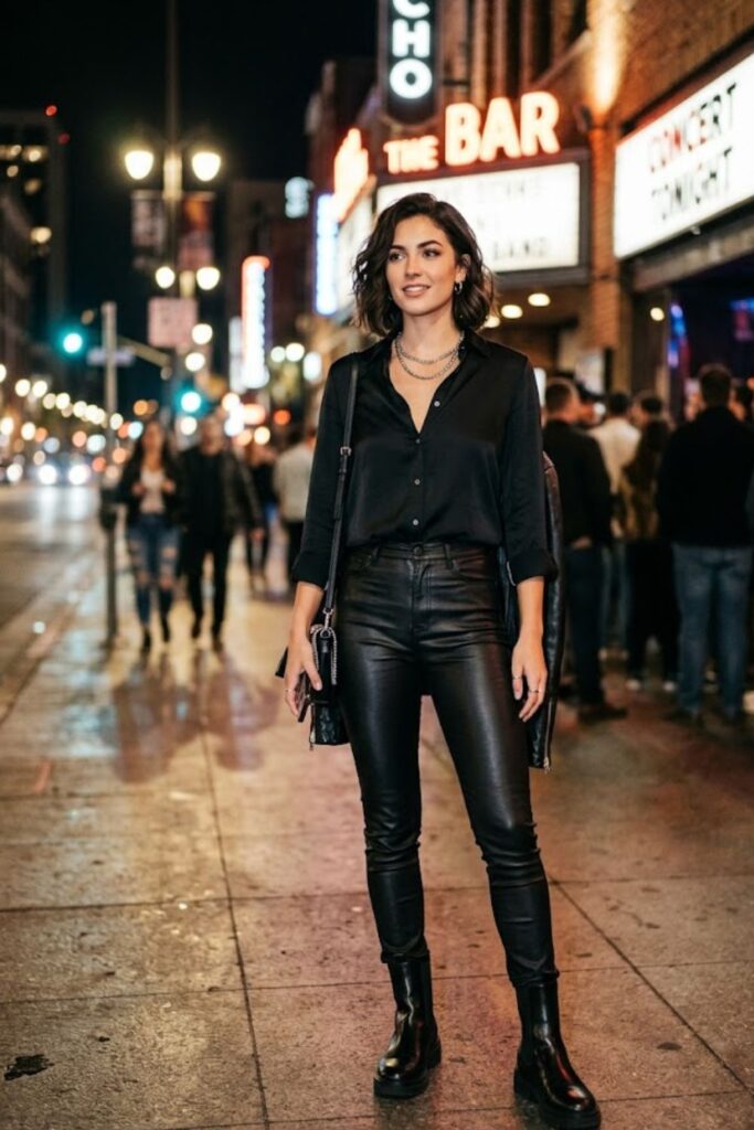 3. Casual Button-Down With Leather Pants