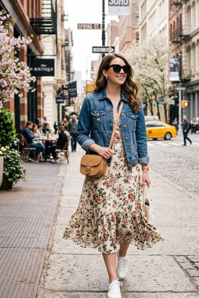 3. Denim Jacket and Floral Midi Dress