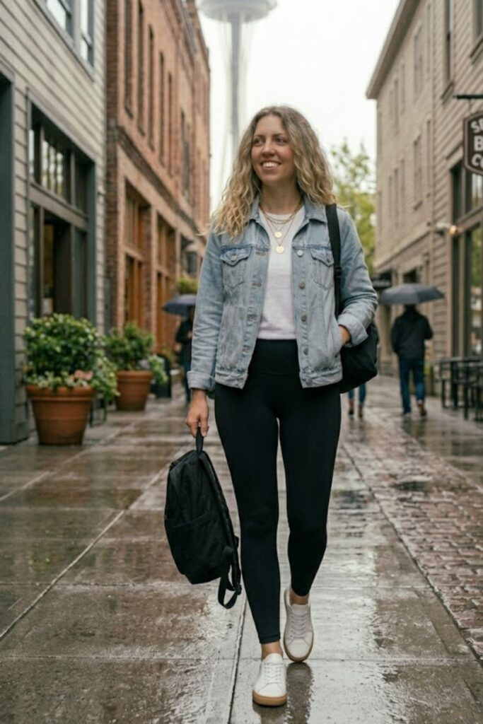 3. Denim Jacket with Leggings and Tee