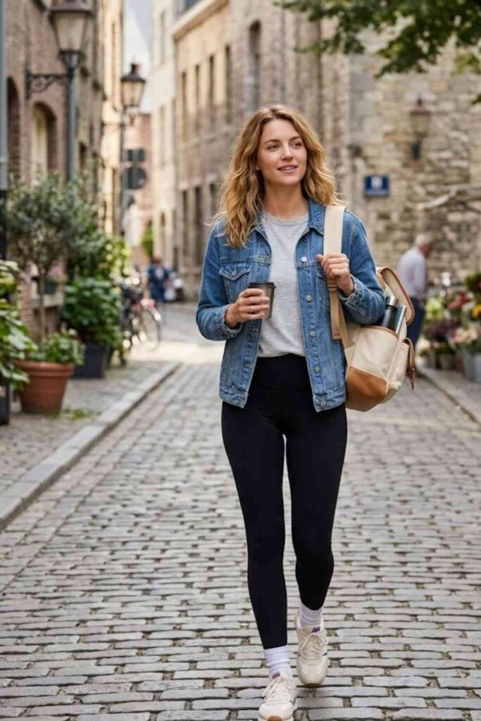 3. Denim Jacket with Leggings and Tee