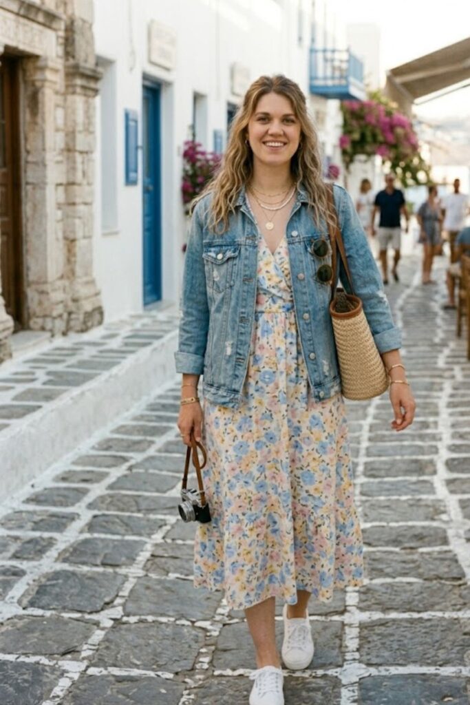 3. Floral Midi Dress with Sneakers