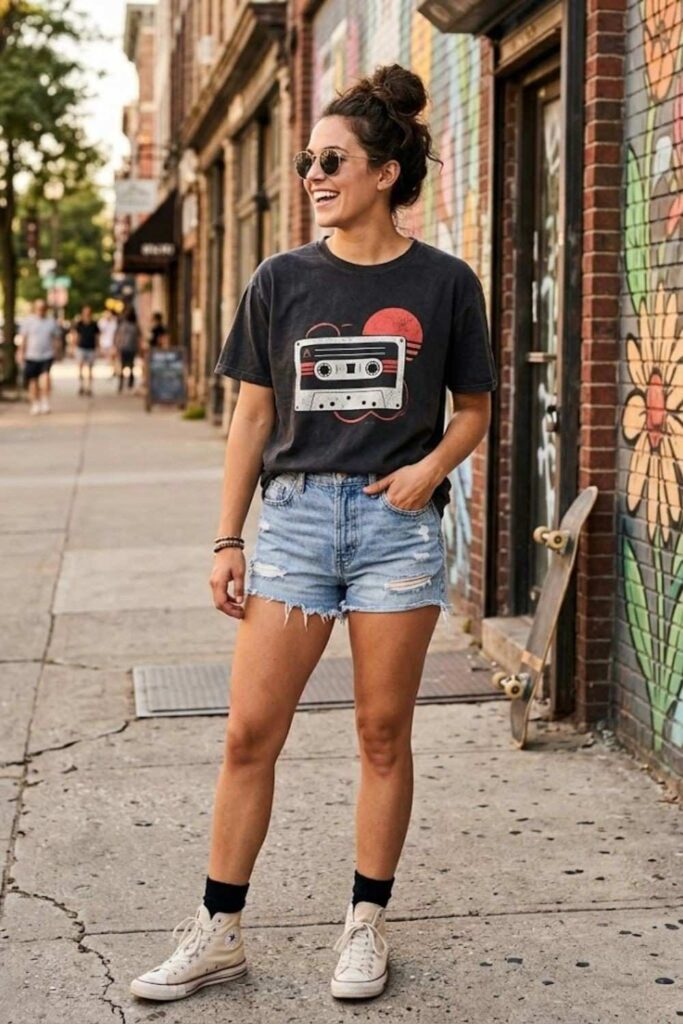 3. Graphic Tee With Denim Shorts