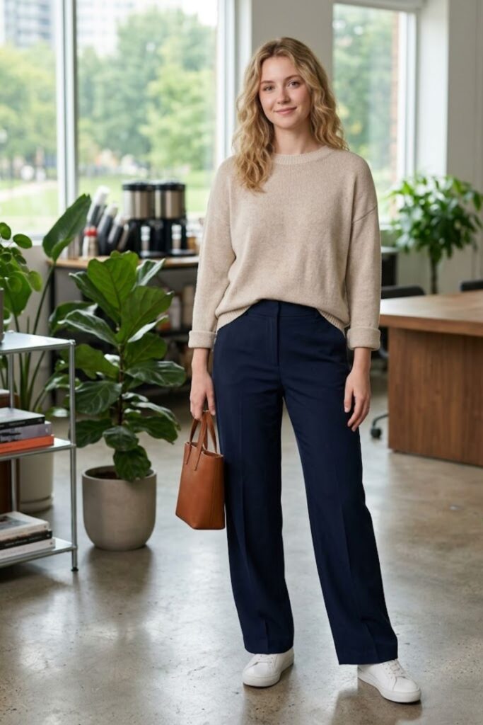 3. Lightweight Sweater with Wide-Leg Pants