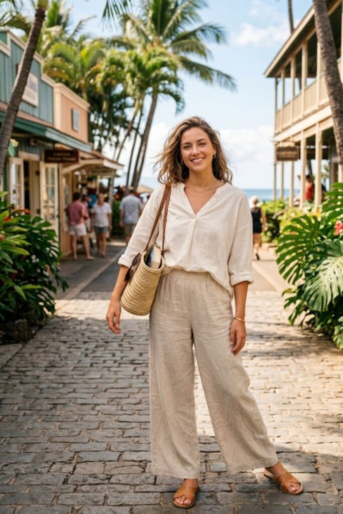 3. Linen Pants with Lightweight Blouse