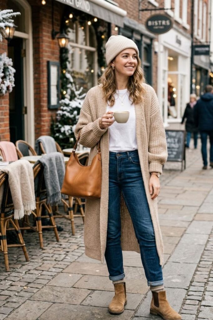 3. Long Cardigan With Basic Tee and Boots
