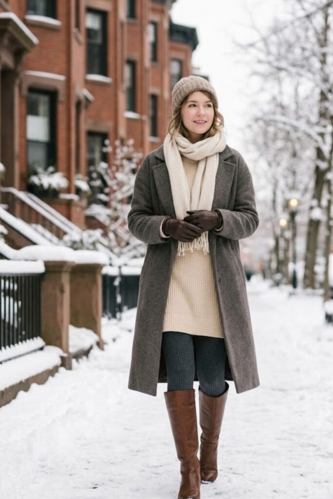 3. Long Coat with Sweater Dress