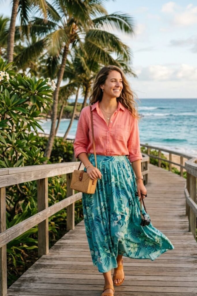 3. Long Skirt with Lightweight Button Shirt