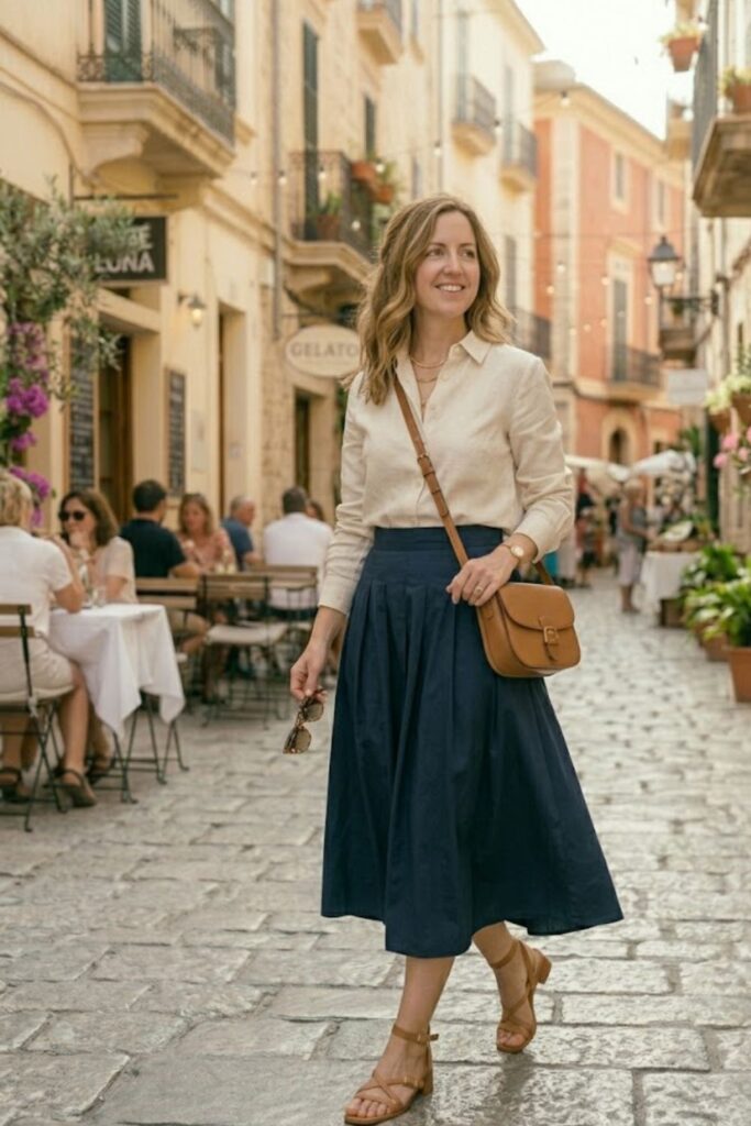 3. Midi Skirt with Button-Down Shirt