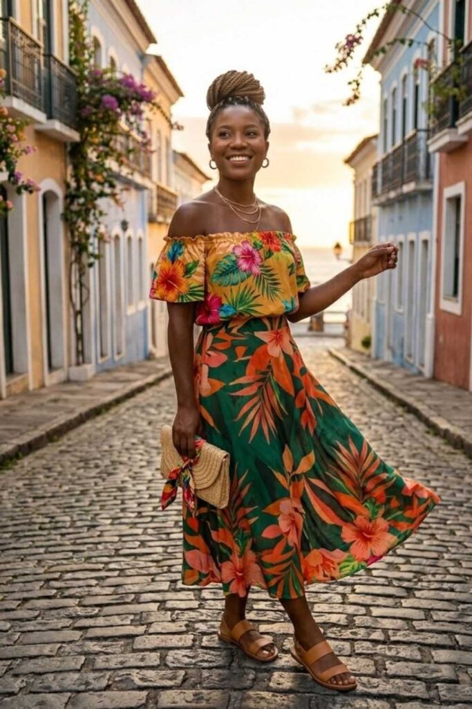 3. Off-Shoulder Top With Flowing Midi Skirt