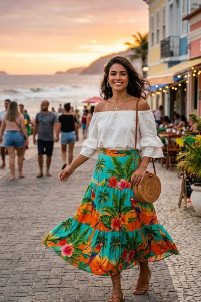 3. Off-Shoulder Top With Flowy Skirt