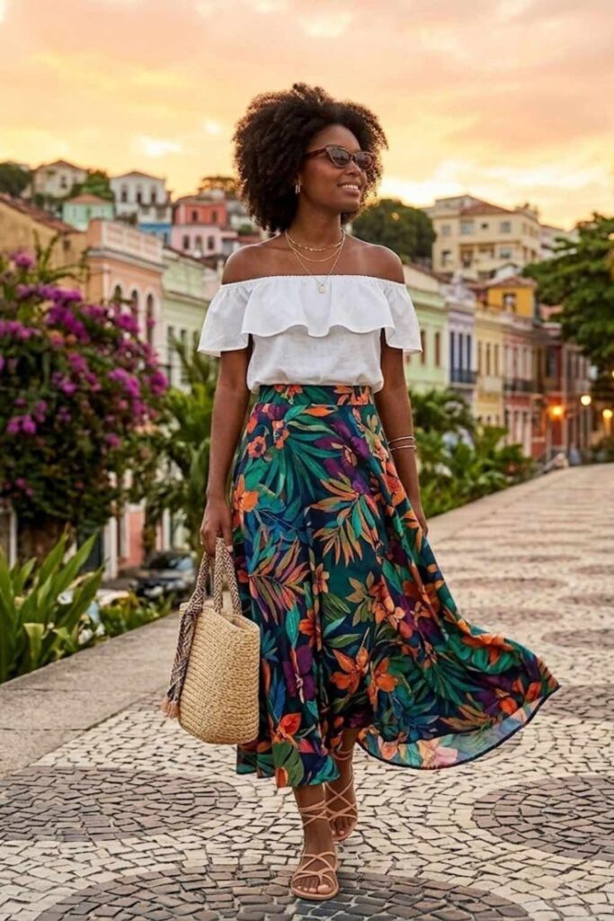 3. Off-Shoulder Top With Flowy Skirt