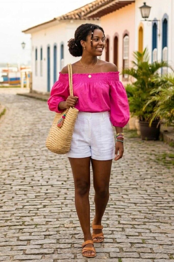 3. Off-Shoulder Top With White Shorts