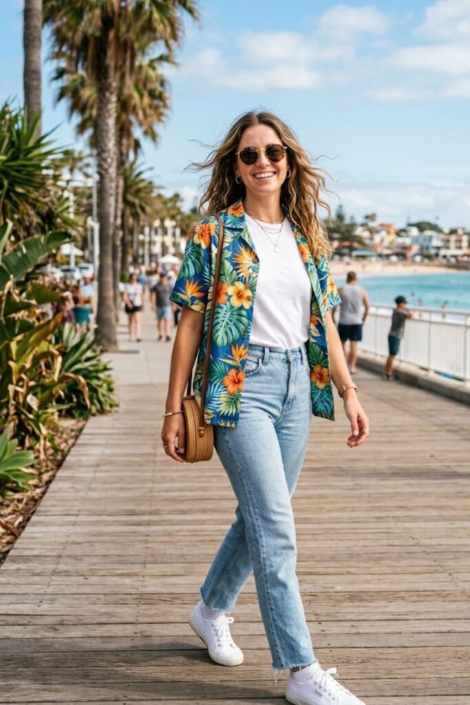 3. Open Hawaiian Shirt with White T-Shirt and Jeans