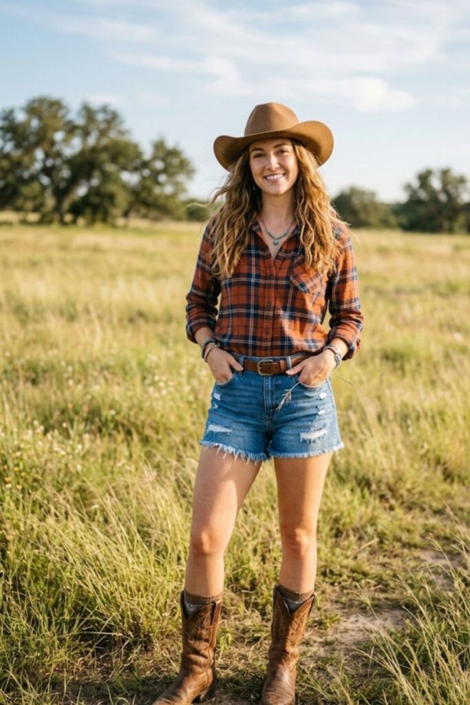 3. Plaid Shirt With Denim Shorts and Boots