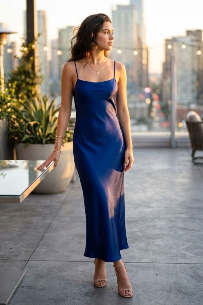 3. Satin Slip Dress with Delicate Jewelry