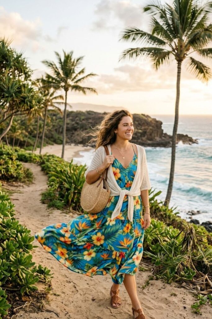 3. Tropical Midi Dress With Woven Sandals