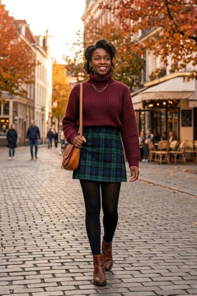 3. Turtleneck Sweater with Plaid Skirt
