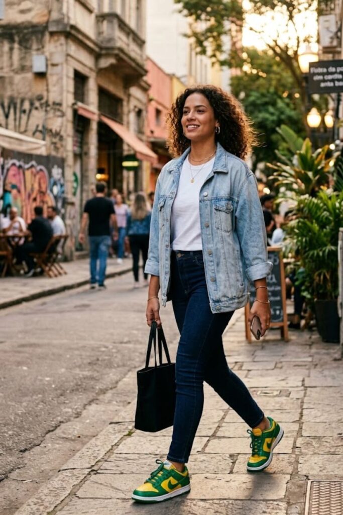 4. Brazil Dunks With Denim Jacket and Skinny Jeans
