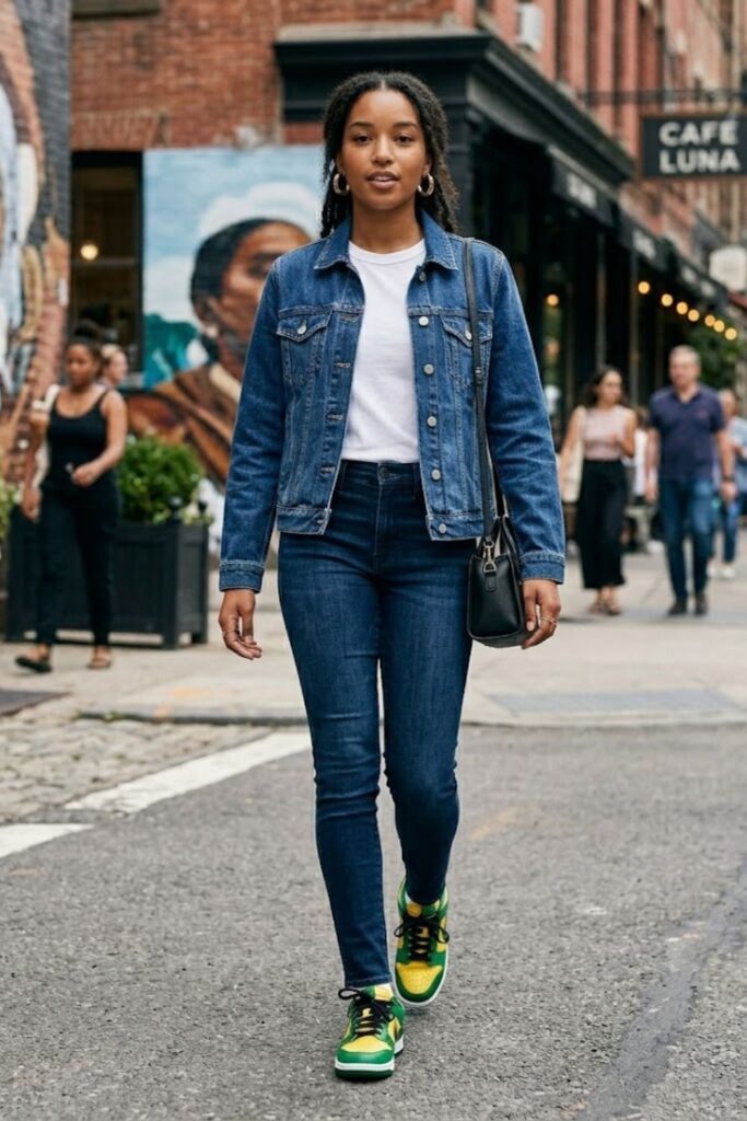 4. Brazil Dunks With Denim Jacket and Skinny Jeans