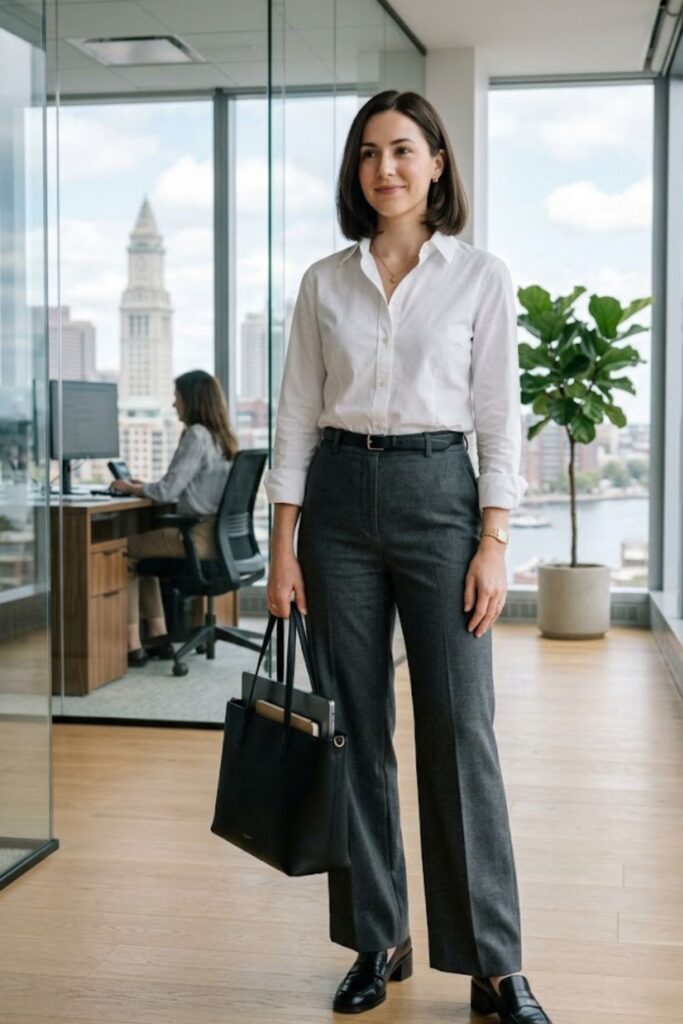 4. Button-Up Shirt With High-Waisted Trousers
