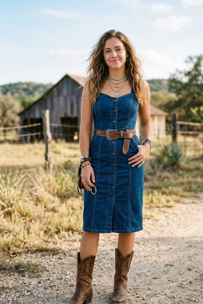 4. Denim Dress With Cowboy Boots