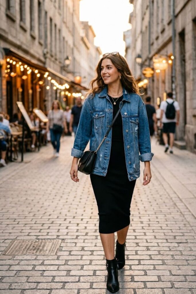 4. Denim Jacket With Bodycon Dress