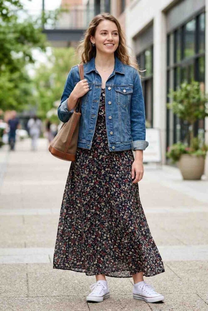 4. Denim Jacket with Maxi Dress