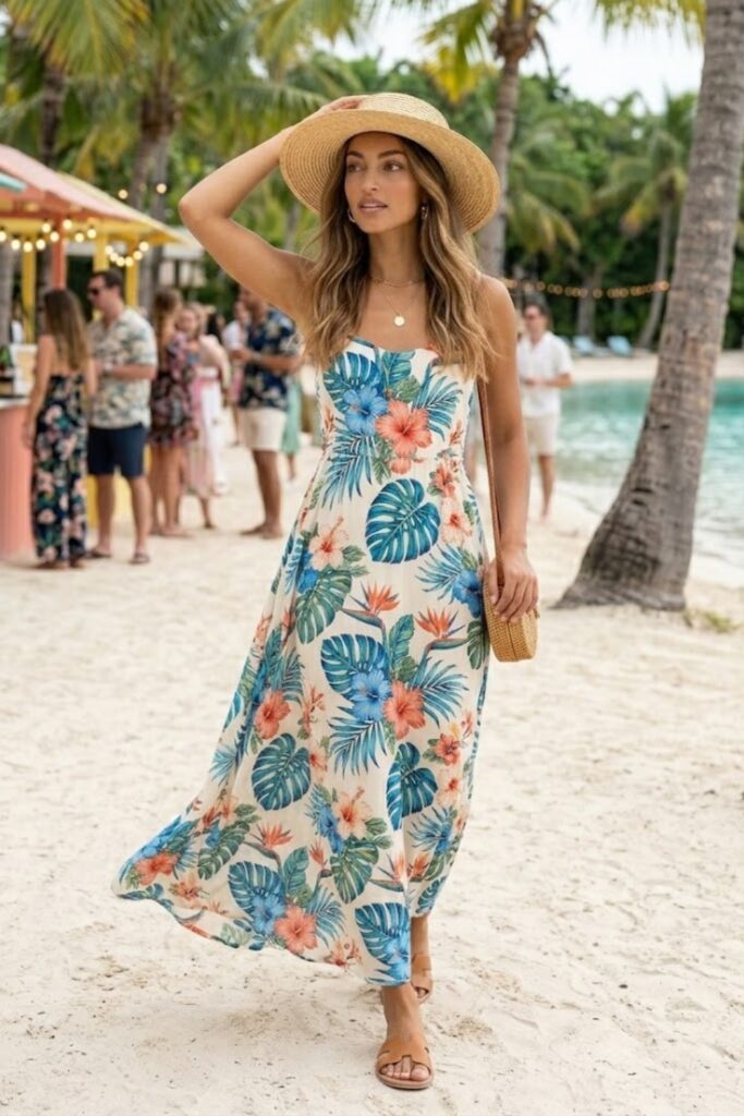 4. Flowy Maxi Dress with Straw Hat