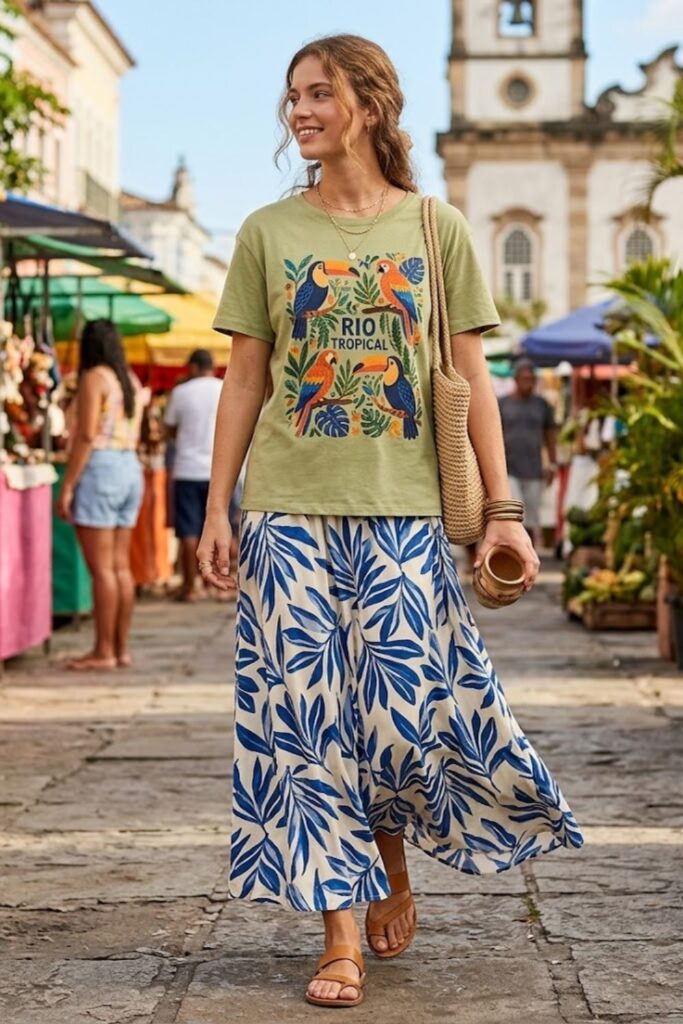 4. Graphic T-Shirt With Flowing Maxi Skirt