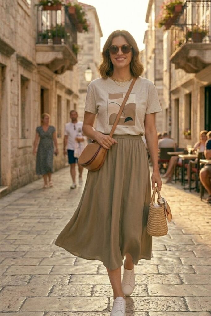 4. Graphic Tee with Midi Skirt