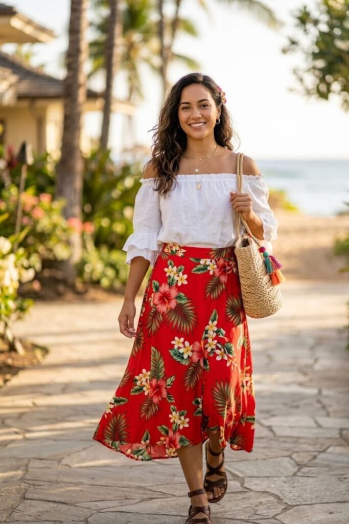 4. High-Waisted Skirt With Off-Shoulder Top