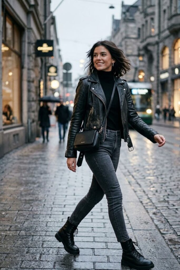 4. Leather Jacket With Turtleneck and Jeans