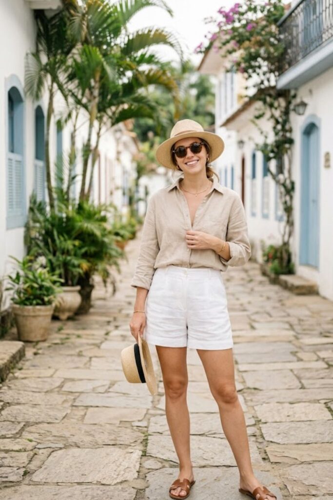 4. Linen Button Shirt with White Shorts