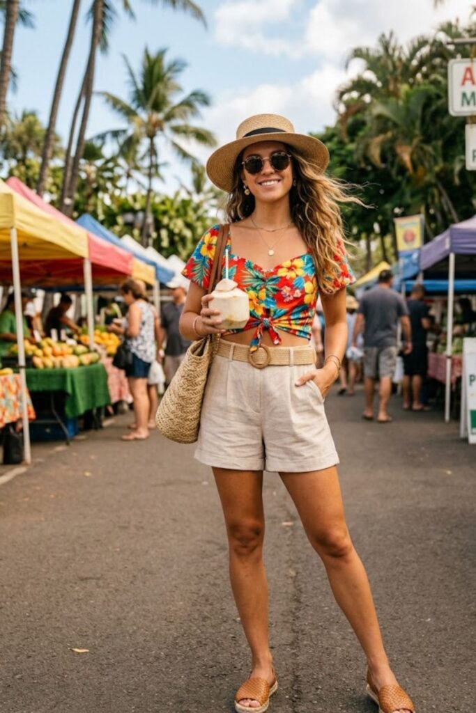 4. Linen Shorts with Crop Top