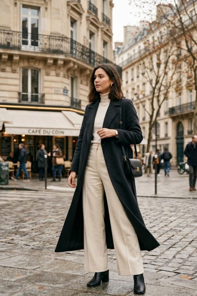 4. Long Coat With Wide-Leg Pants