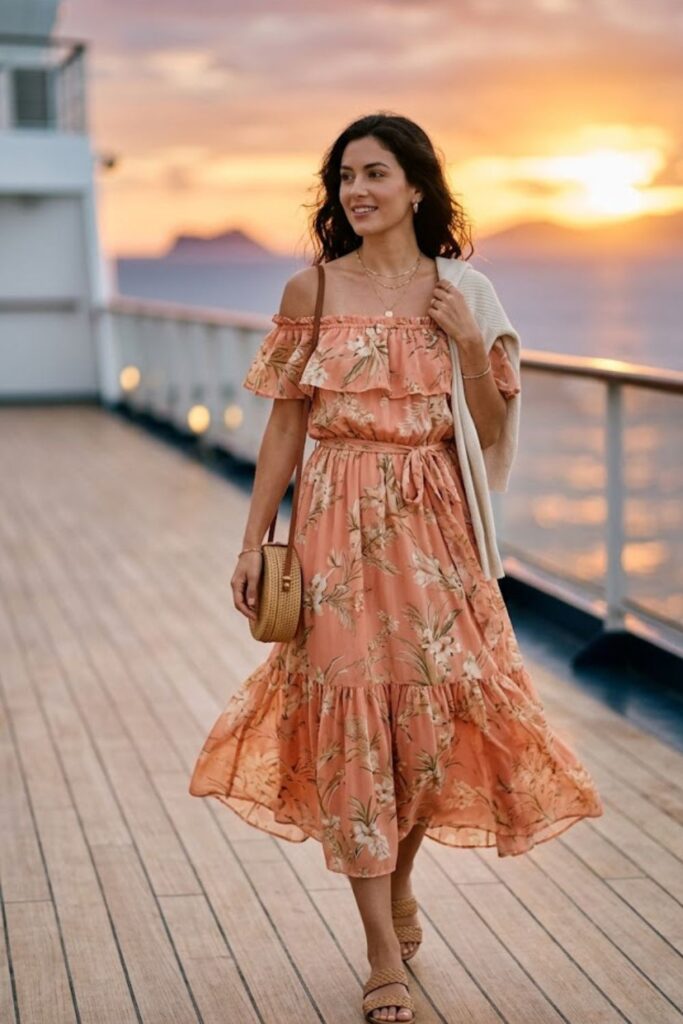 4. Off-Shoulder Dress for Sunset Cruises