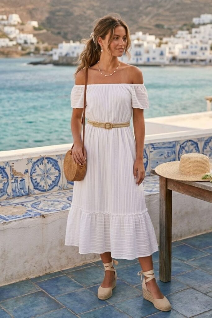 4. Off-Shoulder Dress with Espadrille Heels