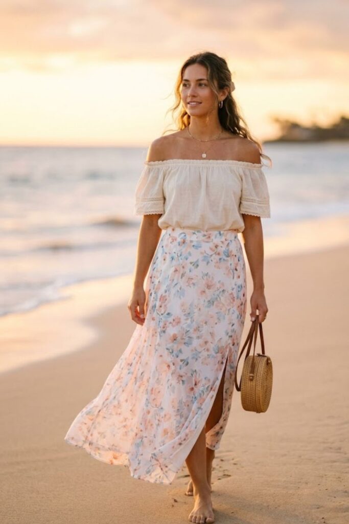 4. Off-Shoulder Top with Maxi Skirt
