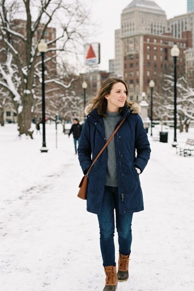4. Parka with Denim and Winter Boots