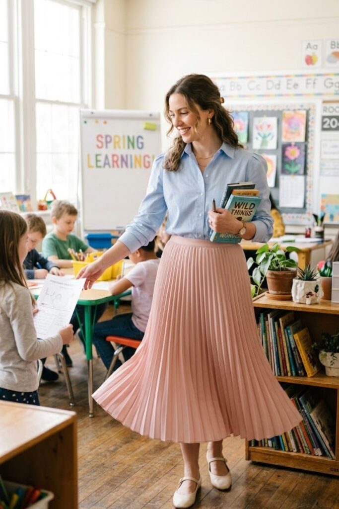4. Pleated Midi Skirt with a Button Down Shirt