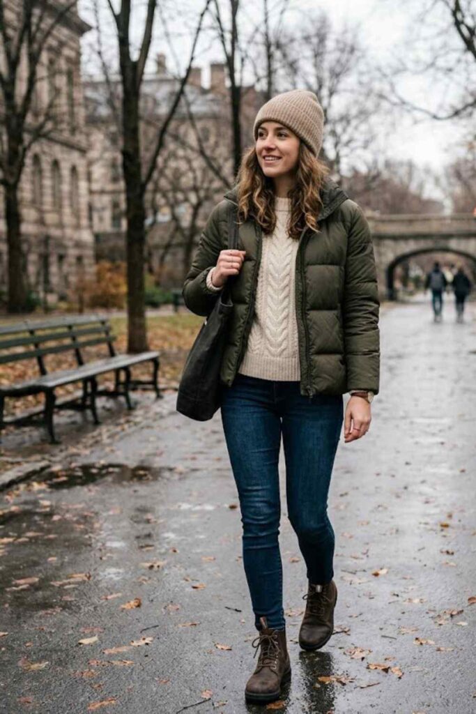 4. Puffer Jacket with Jeans and Sweater