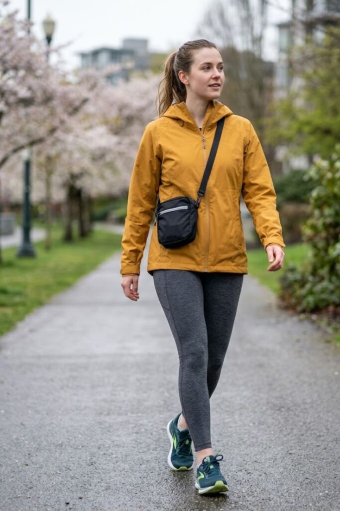 4. Rain Jacket with Leggings and Sneakers